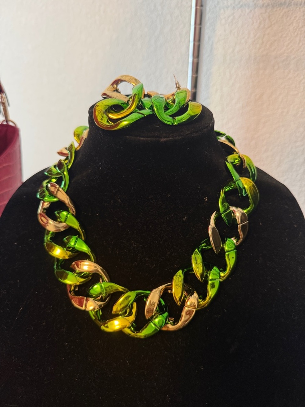 Statement Green and Gold Chain Link Necklace and Earrings Set